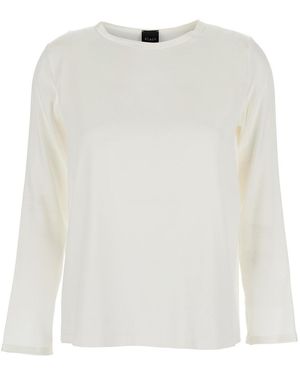 Le Plain Silk Blouse With Round Neck And Long Sleeves - White