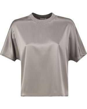 Peserico Stretch Silk Blouse With Lurex Knit Neckline - Gray