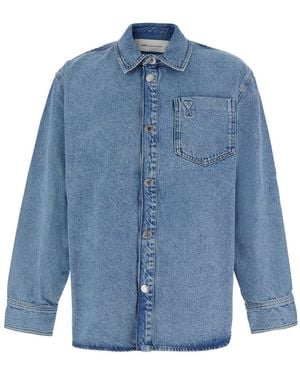 Ami Paris Light Shirt With Classic Collar And Tone-On-Tone Adc Embroidery On The Front - Blue