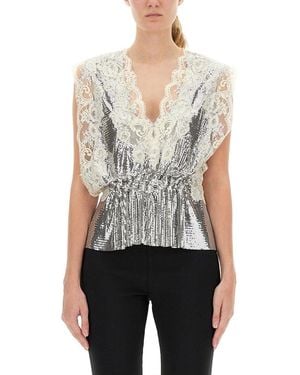 Rabanne Lace-Insert Mesh Gathered-Waist Top - White