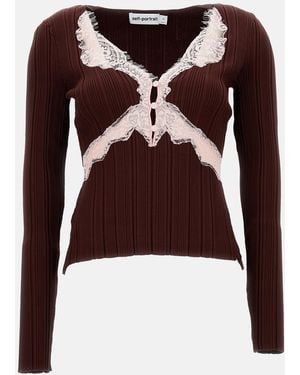 Self-Portrait Lace Knit Top - Brown