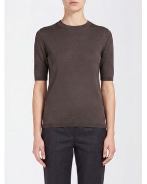 Max Mara Short-Sleeved Silk And Cashmere Knit Top With Slim Fit - Gray