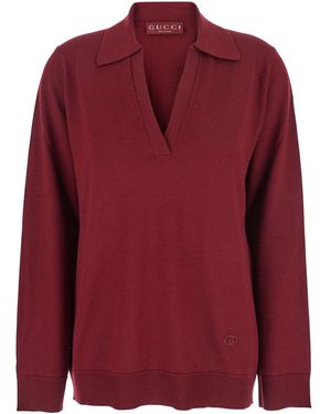 Gucci Bordeaux Polo Collar Sweater With Gg Logo On The Front - Red