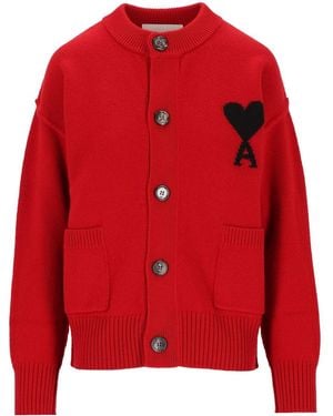 Ami Paris Ami Wool Ami De Coeur Cardigan - Red