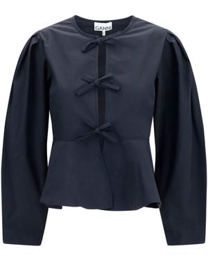 Ganni Cotton Poplin Blouse With Bows - Blue