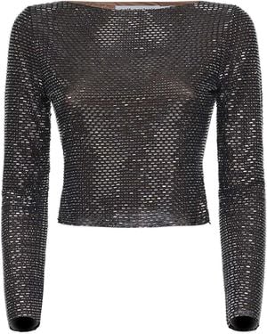Self-Portrait Gunmetal Rhinestone Long-Sleeved Top - Black