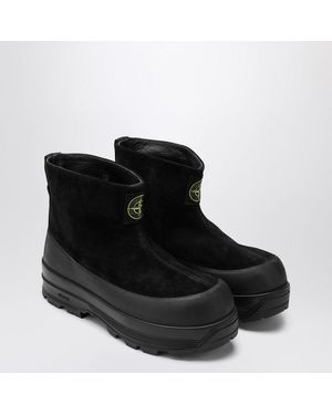 Stone Island Suede Ankle Boot With Logo - Black