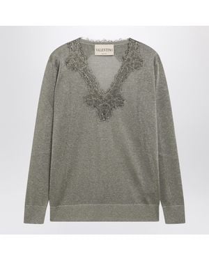 Valentino Viscose-Blend Lace V-Neck Sweater - Gray