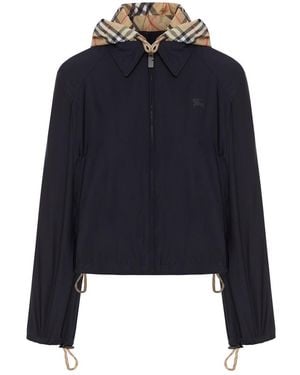 Burberry Crop Jacket With Hood And Check Details - Blue