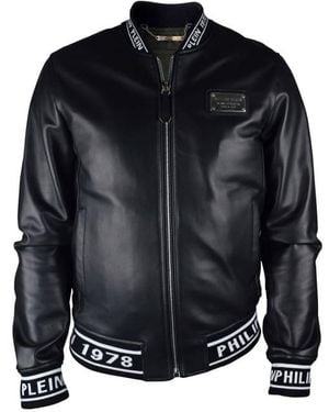 Philipp Plein Leather Bomber Jacket With Logo Accents - Black
