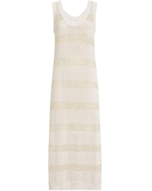 Brunello Cucinelli Cotton Mesh Knit Dress With Dazzling Stripes - White