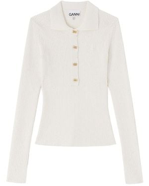 Ganni Button Ribbed Polo Shirts - White