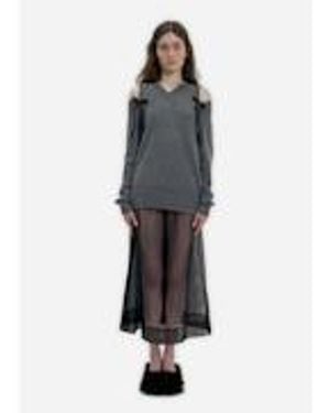 Simone Rocha Relaxed Cashmere Slash V-Neck Sweater W/ Bow - Gray
