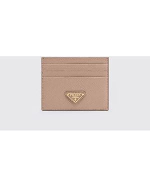 Prada Calf Leather Card Holder With Logo - Natural