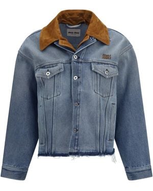 Miu Miu Washed Denim And Suede Jacket - Blue