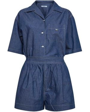Prada Cotton And Linen Denim Detachable Playsuit - Blue