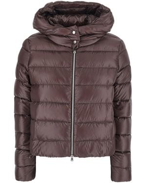 Herno Short Down Jacket With Hood And Metal Plate On The Back - Brown