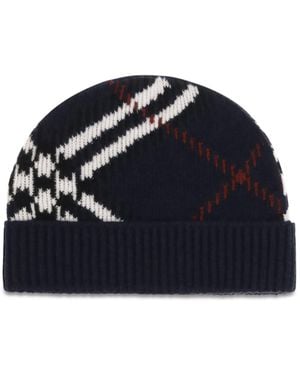 Burberry Check Cashmere-Blend Beanie - Blue