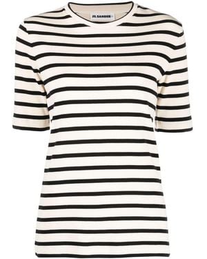 Jil Sander Fine Ribbed Striped T-Shirt With Logo Patch - Black