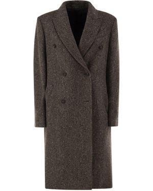 Brunello Cucinelli Double-Breasted Herringbone Tweed Coat With Sequins - Gray