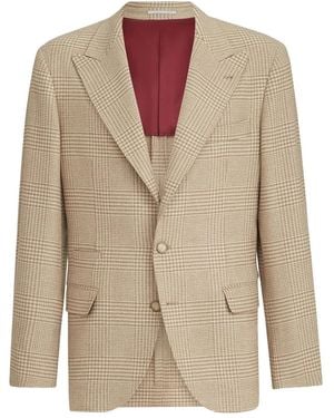 Brunello Cucinelli Cashmere Blend Checked Single-Breasted Blazer - Natural