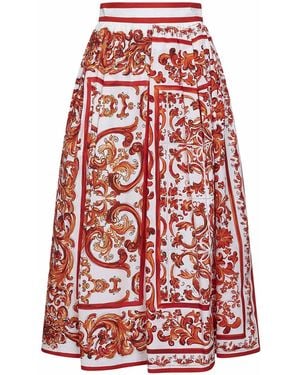 Dolce & Gabbana Maiolica-Print Pleated Poplin Midi Skirt - Red
