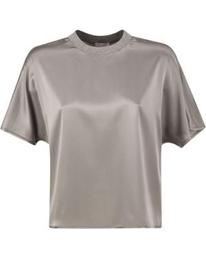Peserico Stretch Silk Blouse With Lurex Knit Neckline - Gray