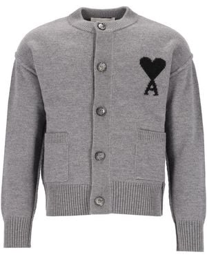 Ami Paris Ami Wool Ami De Coeur Cardigan - Gray