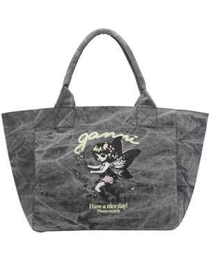 Ganni Medium Trapeze Fairy Print Shopping Bag - Gray