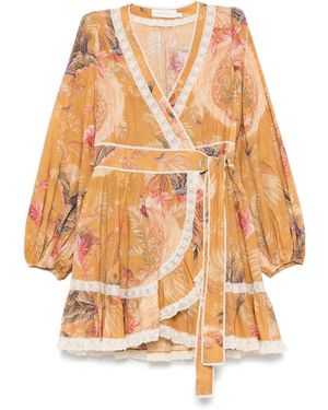 Zimmermann V-Neck Mini Wrap Dress With Long Sleeve Cuffs - Yellow
