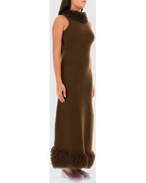 Loewe Off-The-Shoulder Slim Fit Knit Long Dress With Fringes - Brown