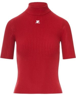 Courreges Reedition Short Sleeves Rib Knit Sweater - Red