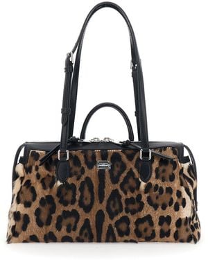 Dolce & Gabbana 'Vittoria' Handbag With Logo Plaque On The Front And All-Over Leopard Motif - Black