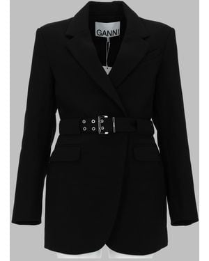 Ganni Blazer Crepe With Belt Recycled Polyester Jacket - Black