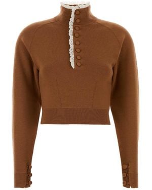 Chloé Lace-Trim Button-Up Sweater - Brown