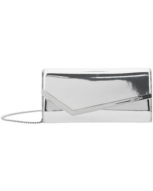 Jimmy Choo 'Emmie' Metallic Envelope Clutch With Logo Lettering On The Front And Chain-Link Shoulder Strap - White