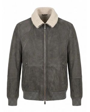Brunello Cucinelli Suede Curly Shearling Bomber Jacket - Gray