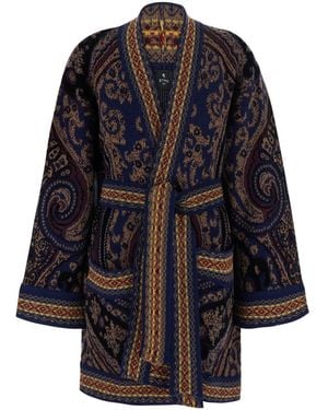 Etro Cardigan With Belt On The Front And All-Over Geometric Embroidery - Blue