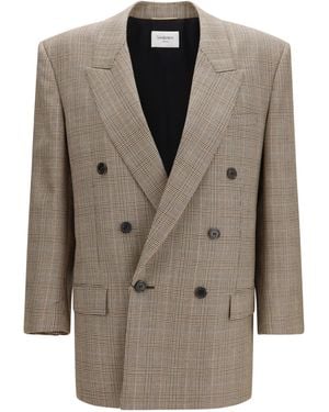 Saint Laurent Prince Of Wales Houndstooth Wool Blazer - Natural