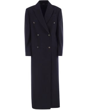 Brunello Cucinelli Long Wool Coat With Jewelry - Blue