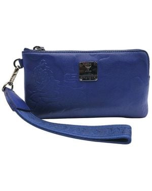 MCM Estate Leather Lion Camo Zipped Wrist Pouch Wallet - Blue