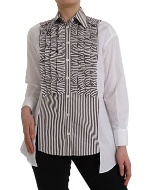 Dolce & Gabbana Stripes Cotton Long Sleeves Ruffle Collar Top - Grey