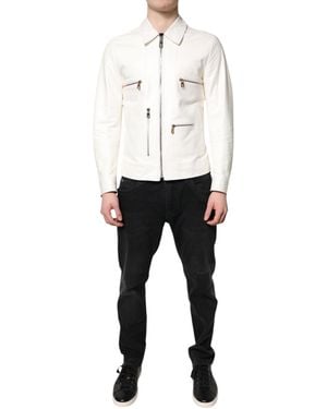 Dolce & Gabbana Collared Full Zip Biker Coat Jacket - White