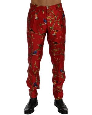 Dolce & Gabbana Silk Bird Print Dress Trousers - Red