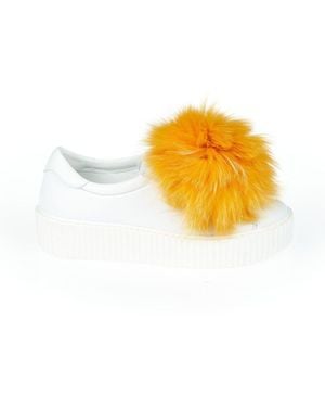 MR & MRS White Textile Sneaker With Real Fur Pom Poms - Yellow