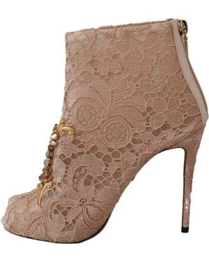 Dolce & Gabbana Crystal Lace Booties Stilettos Shoes Cotton - Brown