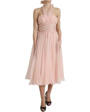 Dolce & Gabbana Silk Chiffon Halter A-Line Pleated Midi Dress - Pink