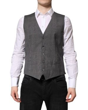Dolce & Gabbana Plaid Wool Formal Dress Waistcoat Vest - Grey