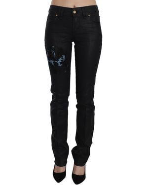John Galliano Swan Floral Embroidered Mid Waist Skinny Denim Jeans - Black