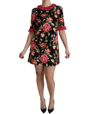 Dolce & Gabbana Dolce Gabbana Floral Pink Lace A-line Shift Mini Dress - Black